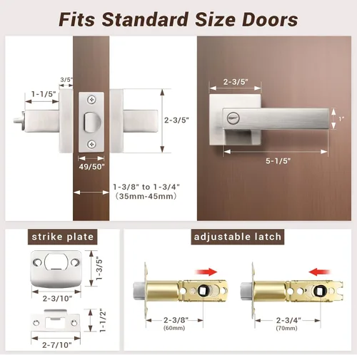 Miniatura 7 de Knobonly Paquete de 9 manijas de puerta reversibles de níquel cepillado, cerradura cuadrada de privacidad sin llaves