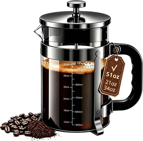 Miniatura 12 de QUQIYSO Cafetera de prensa francesa de acero inoxidable 304 con 4 filtros, resistente al calor, duradera, fácil de limpiar, prensa de café de vidrio