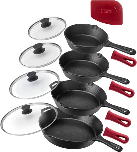 Miniatura 21 de Cuisinel Juego de sartenes de hierro fundido, sartén de 8 pulgadas + 12 pulgadas + tapas de vidrio, utensilios de cocina pre-sazonados, soportes