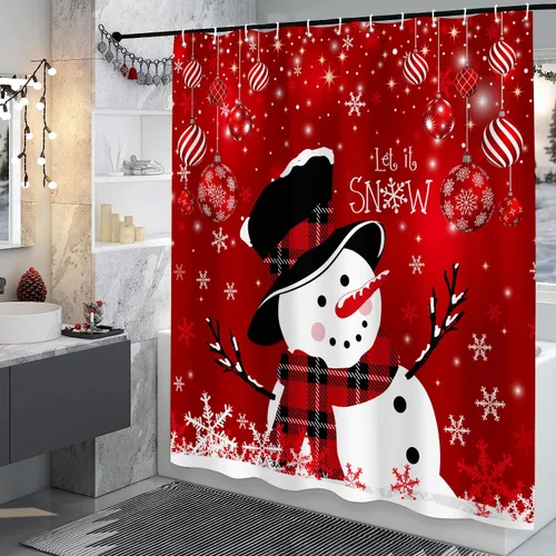 Miniatura 3 de Cortina de ducha de muñeco de nieve de Navidad, bola de Navidad roja, bonita cortina de ducha de muñeco de nieve de invierno, decoración navideña