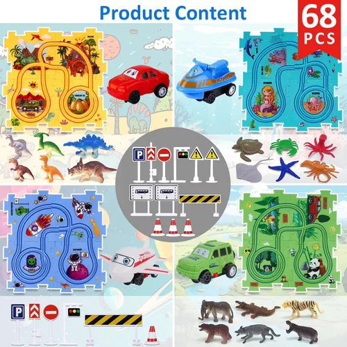 Miniatura 2 de VESPRO Juego de pista de coche para niños pequeños de la serie 4, juego de pista de coche de 68 piezas para niños, juguetes educativos de Juego