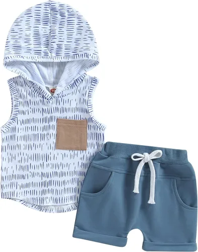 Miniatura 22 de Conjunto de ropa de verano para bebé niño y niño, diseño a cuadros, manga corta, sudadera con capucha y pantalones cortos casuales