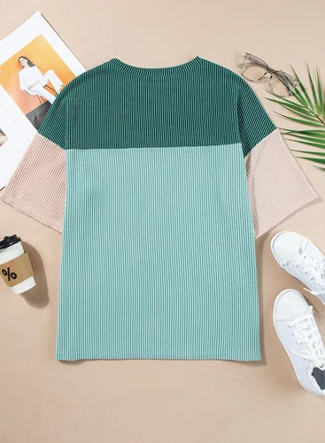 Miniatura 8 de EVALESS Camisetas de verano de manga corta con cuello redondo para mujer, bloque de color, ligeras
