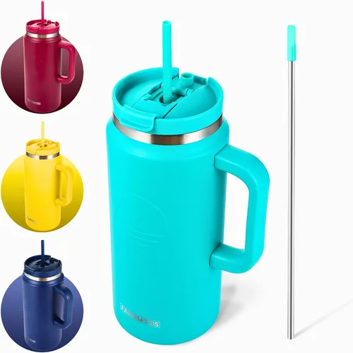 Miniatura 16 de FAHRMOSIS Vaso de 40 onzas con asa y pajita, taza aislada que cabe en el portavasos para bebidas frías y calientes, vaso a prueba de fugas