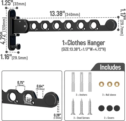 Miniatura 5 de Danpoo Tendedero de ropa plegable montado en la pared Estante de secado de ropa Percha de ropa Secadora de ropa Negro