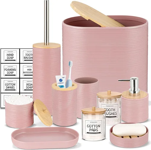 Miniatura 13 de IMAVO Juego de accesorios de baño - Juego de 11 piezas de accesorios de baño beige con cubo de basura, dispensador de jabón, jabonera, soporte