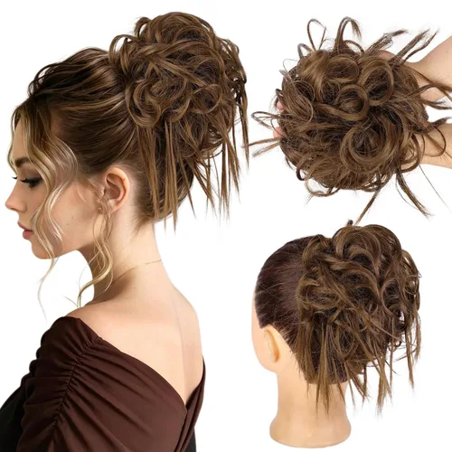 Miniatura 26 de HMD - Extensiones de cabello tipo chongo alborotado con rodelo despeinado, banda elástica de goma, extensiones de cabello sintético para mujer