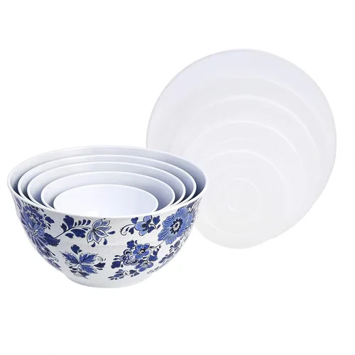 Miniatura 2 de Amazon Basics Tazón Redondo de Mezcla de Melamina Anidado con Tapa y Base Antideslizante, 5 Tamaños, Floral Azul y Blanco, Juego de 10, 4 Quarts, 3