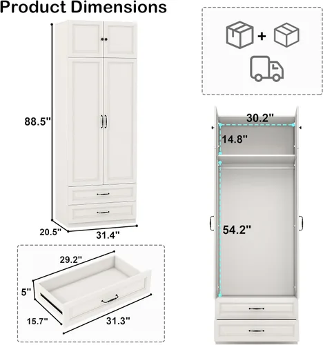 Miniatura 2 de Armario Armario con puertas: Armario blanco extra alto de 89 pulgadas con almacenamiento en la parte superior, Armarios de dormitorio con 2 puertas