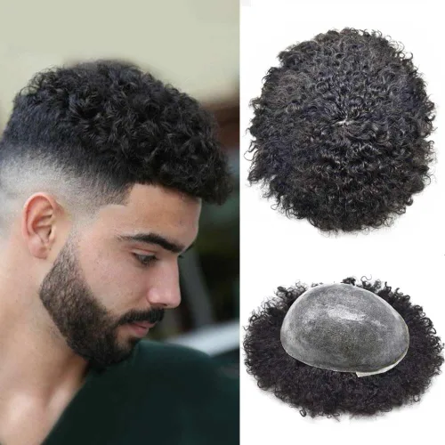 Miniatura 9 de LYRICAL HAIR Afro Curly Mens Toupee Afro American Hair System Replacement 10X8 All Injected Poly Skin PU Afro ondulado 10MM Curl Hairpiece #1B #1B