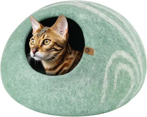 Miniatura 16 de MEOWFIA Cat Cave - Cama de fieltro prémium para gatos de interior, hecha a mano, 100% lana merina, gato (grande, esmeralda)