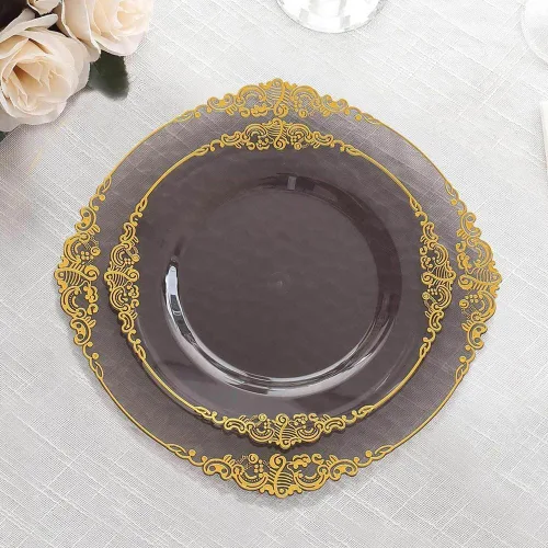 Miniatura 18 de Tableclothsfactory Paquete de 10 platos redondos de plástico barroco dorado de 8 pulgadas para ensalada de postre, vajilla desechable con borde