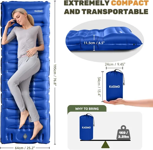 Miniatura 2 de KASIMO Colchoneta de dormir ultra gruesa de 6 pulgadas con almohada y bomba de pie integrada, almohadilla inflable ultraligera para mochileros