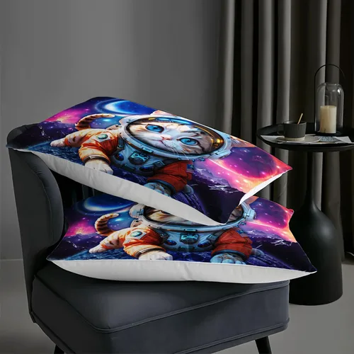 Miniatura 6 de AILONEN Juego de edredón de gato astronauta, tamaño individual, hermoso juego de ropa de cama cósmico estrellado para dormitorio, juego de edredón