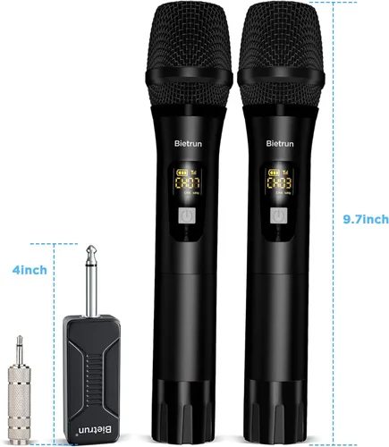 Miniatura 7 de Micrófono inalámbrico, sistema de micrófono dinámico inalámbrico dual de mano de metal UHF Bietrun con receptor recargable, salida de 1/4 pulgadas