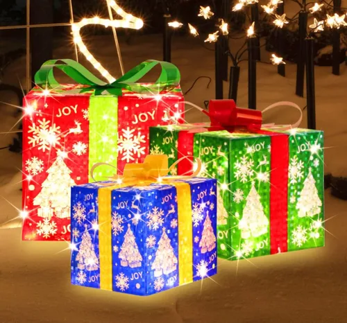 [Grande 8.5x7x6 Pulgadas] 3 Cajas de Regalo Iluminadas Decoraciones Navideñas con 70 Luces LED Súper Brillantes Blanco Cálido con Destellos, para