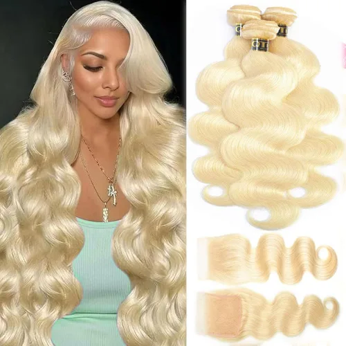 QTHAIR Extensiones de cabello humano brasileño ondulado de grado 18A #613 con cierre de encaje HD 4x4 (8 pulgadas, 10 pulgadas, 12 pulgadas + 10