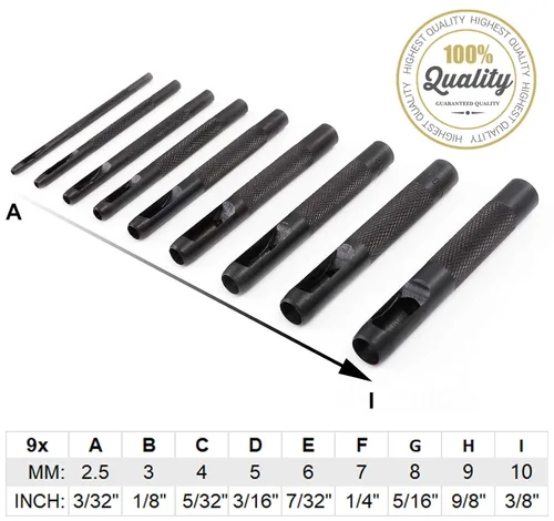 Miniatura 5 de Spurtar Juego de Punzones Huecos de 9 Piezas 2.5-10.0mm de Acero al Carbono de Alta Resistencia, Herramienta Redonda para Agujeros de Cuero, Kit