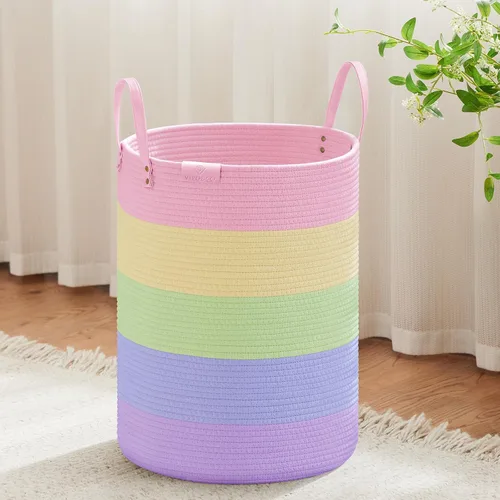 Miniatura 16 de VIPOSCO Cesta alta para ropa sucia, cesta grande para ropa sucia con mango de cuero, cesta de almacenamiento de cuerda tejida para manta, juguete