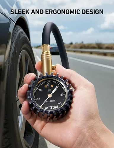 Miniatura 7 de AstroAI Medidor de presión de neumáticos para automóviles con dial grande de 2 pulgadas, latón macizo con manguera de goma, válvula de purga