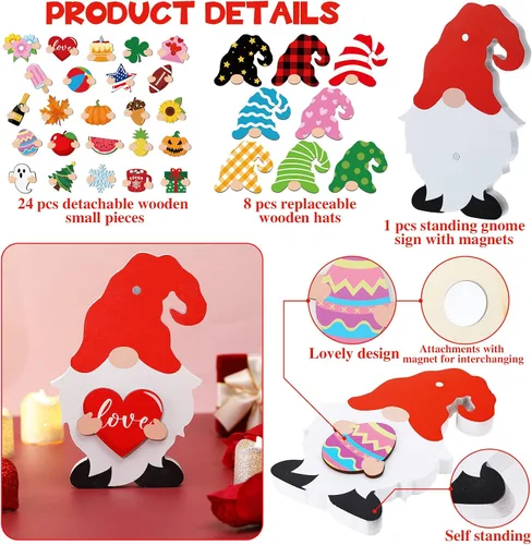 Miniatura 2 de Qunclay 33 piezas intercambiables de gnomo de madera para decoración de verano del 4 de julio, decoración patriótica de gnomo con imán y sombreros