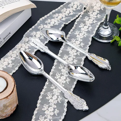 Miniatura 4 de WDF 100 cucharas de plástico plateadas desechables, cubiertos de plata barrocos de 6.93 pulgadas para pastel de postre, cucharas de plástico Rojo