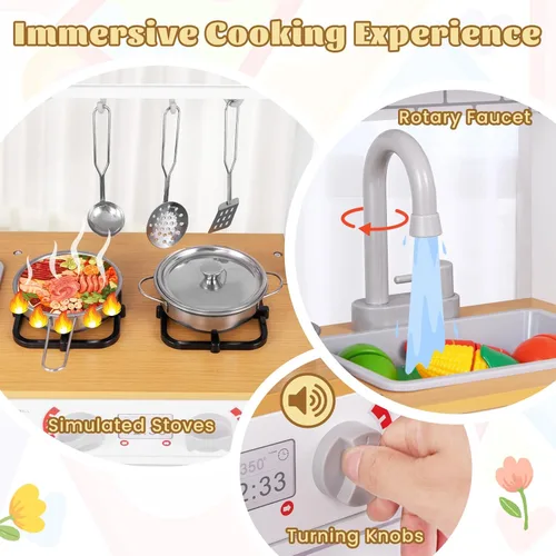 Miniatura 2 de HONEY JOY Juego de cocina para niños, cocina de madera de pequeño chef de simulación con pizarra, gran gabinete de almacenamiento, estufa, grifo