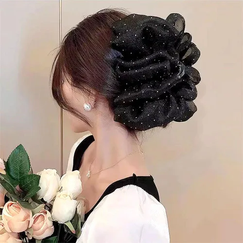 Miniatura 9 de Myhiju Pinza para el cabello, pinza de pelo de tul de malla de gasa negra, clip de lazo de seda de sujeción fuerte para mujeres, accesorios