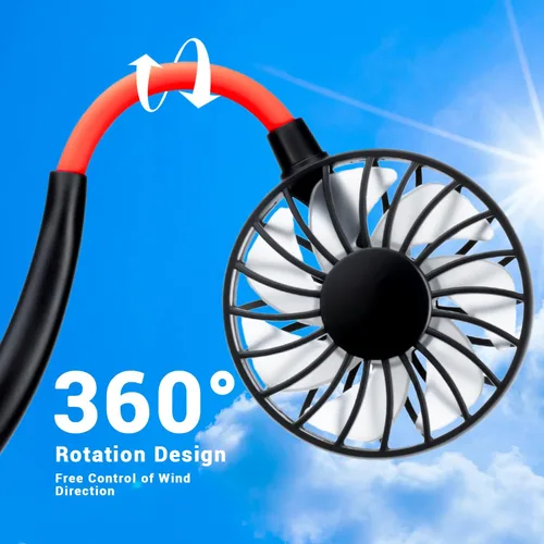 Miniatura 2 de Ventilador de cuello portátil recargable, ventilador personal manos libres, mini USB, con banda para el cuello, ventilador deportivo de 3 Rojo Negro