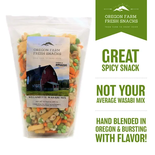 Miniatura 3 de Oregon Farm Fresh Snacks Mezcla de guisantes de Wasabi y galletas de arroz, aperitivos asiáticos de origen local y recién hechos con almendras