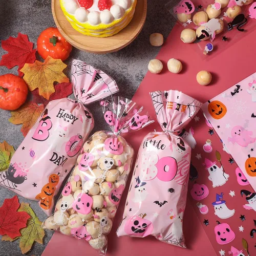 Miniatura 4 de Yeaqee 100 bolsas de regalo Little Boo Baby Shower – Bolsas rosadas de dulces de Halloween – Bolsas de regalo a granel para niños regalos de fiesta