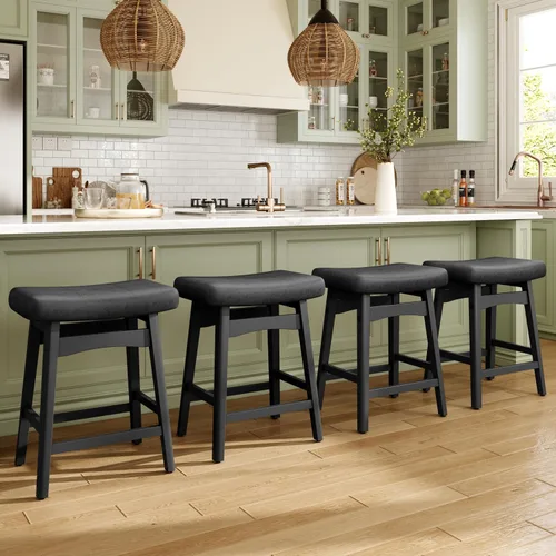 Miniatura 20 de MAISON ARTS Juego de 4 taburetes de bar grises para encimera de cocina, patas de madera maciza con asiento de silla de montar de piel sintética