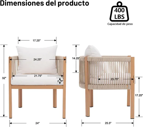 Miniatura 2 de Juego de 2 sillas de comedor al aire libre, juego de muebles de patio de mimbre con reposabrazos, respaldo acolchado, sillas de comedor de barril