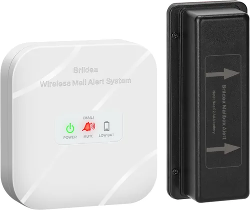 Alarma de buzón Briidea, inalámbrica, alimentada por batería, blanca, rango de 500 pies, alertas de luz LED y sonido, recordatorio de batería baja,