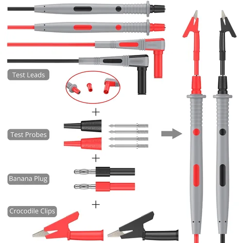 Miniatura 7 de Kit de cables de prueba múltiple Proster - Cable de prueba de multímetro eléctrico con pinzas de caimán, sonda de prueba, agarre de resorte, enchufe