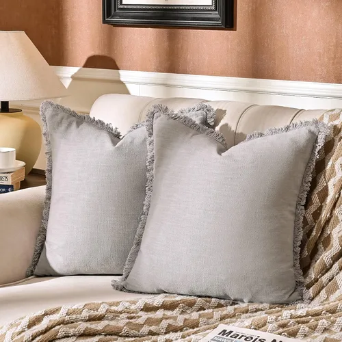Miniatura 9 de AmHoo Paquete de 2 fundas de almohada de lino con borlas con flecos decorativas rústicas naturales para cojín de sofá, sofá, dormitorio 16 x 16 Beige