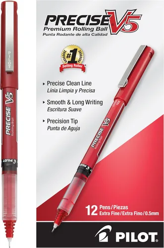 PILOT, Precise V5, Bolígrafos de tinta líquida con tapa, punta extrafina 0.5 mm, rojo, paquete de 12