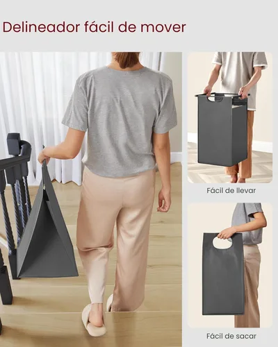 Miniatura 9 de VASAGLE cesto para la ropa, cesta de lavandería, clasificador de ropa con 2 bolsas extraíbles y tiradores, estante, estructura metálica, 2 x 12.1