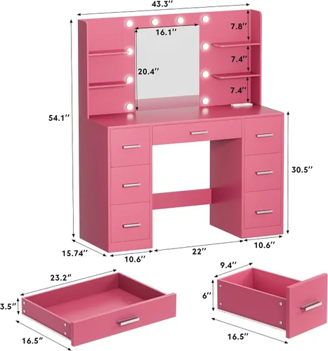 Miniatura 6 de VICTONE Escritorio de tocador con espejo iluminado LED y toma de corriente, 3 modelos de luces, mesa de tocador de maquillaje con 7 cajones y 6