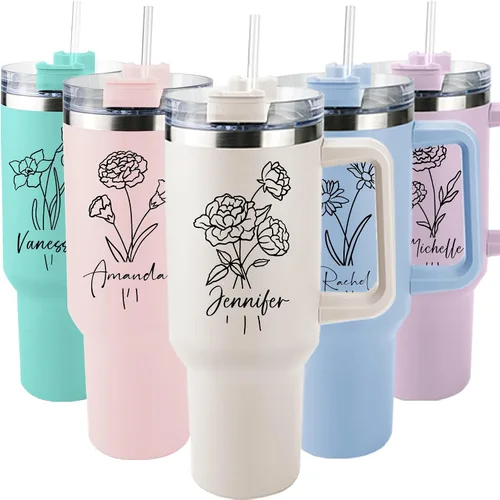 Miniatura 14 de ThermoThrill Se envía al día siguiente, vaso personalizado de 40 onzas con asa y pajita Vaso personalizado con texto Taza de acero inoxidable