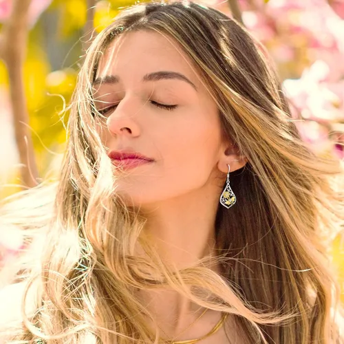 Miniatura 175 de Aretes colgantes de plata de ley con diseño de árbol de la vida, flor, abeja, animales, gato, colibrí, piedra lunar, turquesa, aretes con cierre