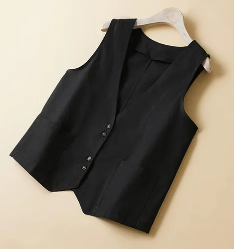 Miniatura 3 de Chaleco de lino de algodón para mujer, casual, con botones, cuello en V, chaleco sin mangas con bolsillos