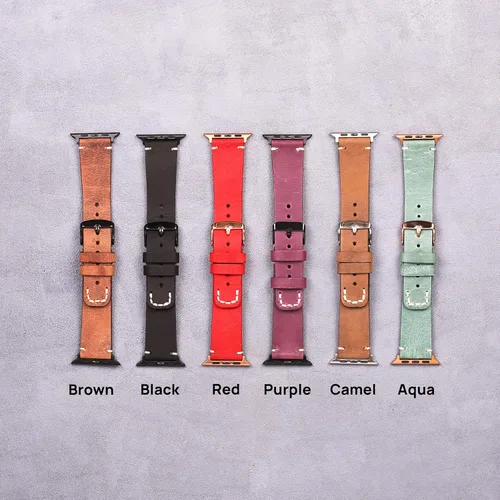 Miniatura 7 de OXA Leather Stitch Detailed Compatible with Apple Watch Band Series 8 7 6 5 4 3 2 1 SE Ultra Polished Stainless-Steel Buckle and Adapters Men