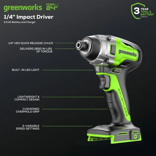 Miniatura 2 de Greenworks Kit de destornillador de impacto inalámbrico sin escobillas de 24 V, par de 2650 pulgadas/libras hexagonal de 1/4 pulgadas, juego