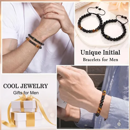 Miniatura 2 de STORUP Regalos para mi hijo de mamá papá, 2 pulseras de cuentas de obsidiana con inicial de ojo de tigre y ágata negra, regalos de cumpleaños, Día