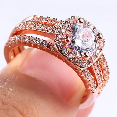 Miniatura 2 de Juego de anillos de compromiso de boda tres en uno de oro rosa plateado, Metal, Zirconia cúbica