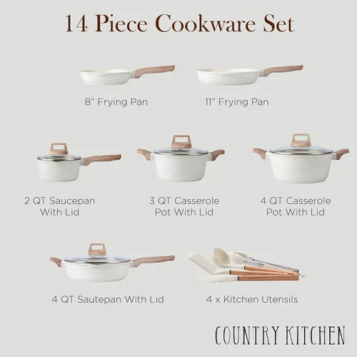 Miniatura 3 de Country Kitchen Juego de ollas y sartenes antiadherentes, juego de utensilios de cocina de aluminio fundido con utensilios, juego de cocina