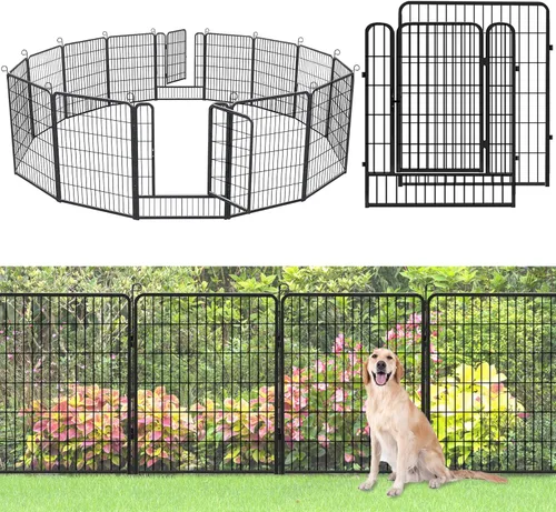 Miniatura 16 de Valla decorativa de metal para jardín con puerta, 32 pulgadas de alto x 64 pies de largo, valla sin excavación, 24 paneles para perros, valla