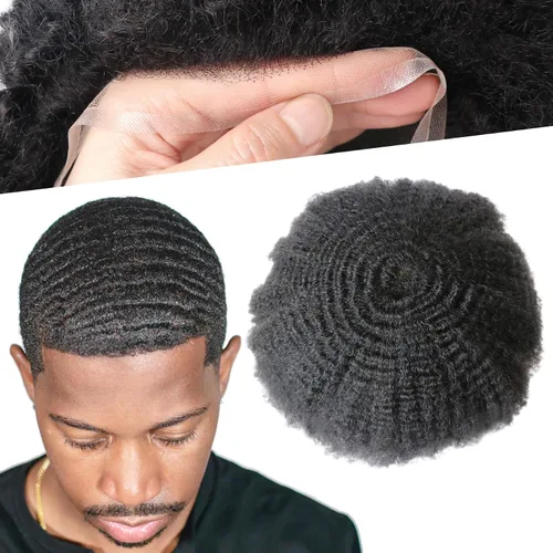Miniatura 27 de Pelucas Afro Rizadas Toupé para Hombres Pelucas para Hombre Afroamericano Negro Unidad de Cabello Masculino Negro Rizado Afro Tejido Masculino