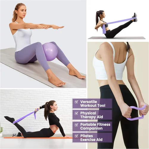 Miniatura 6 de Kit esencial de anillo de pilates para mujer, equipo de entrenamiento en casa con pelota de 9.8 pulgadas, bandas de resistencia, círculo mágico
